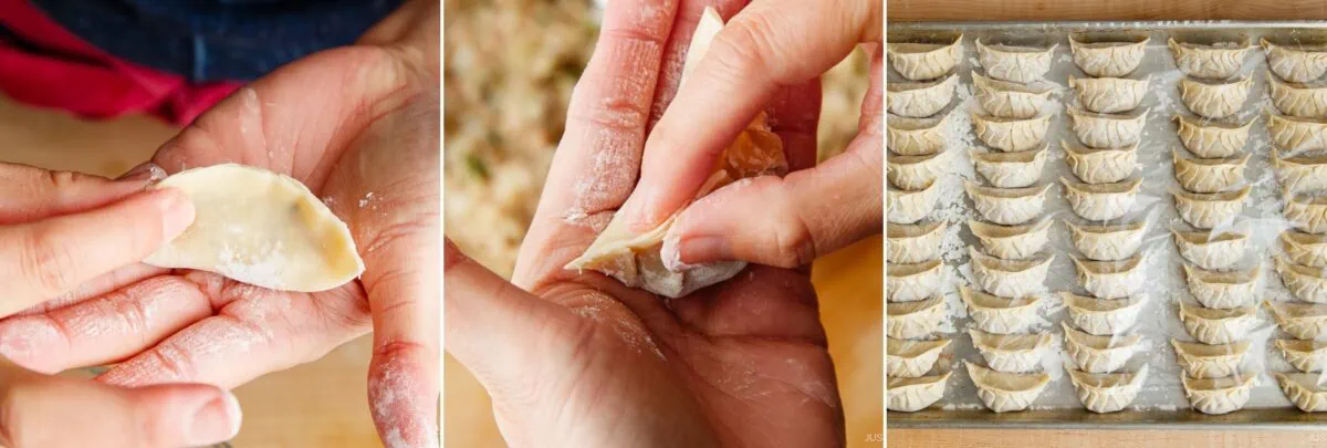 Three images show hands folding dumplings with flour-dusted dough, pinching the edges to seal them, and a tray filled with neatly arranged, uncooked dumplings&mdash;perfect steps for your homemade Gyoza Recipe.
