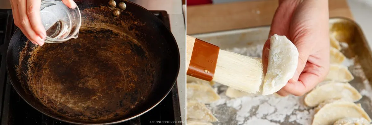 Split image: Left shows water being poured into a hot skillet. Right shows a hand brushing a dumpling with a thick pastry brush, prepping more gyoza in the background&mdash;a perfect step in this authentic Gyoza Recipe.