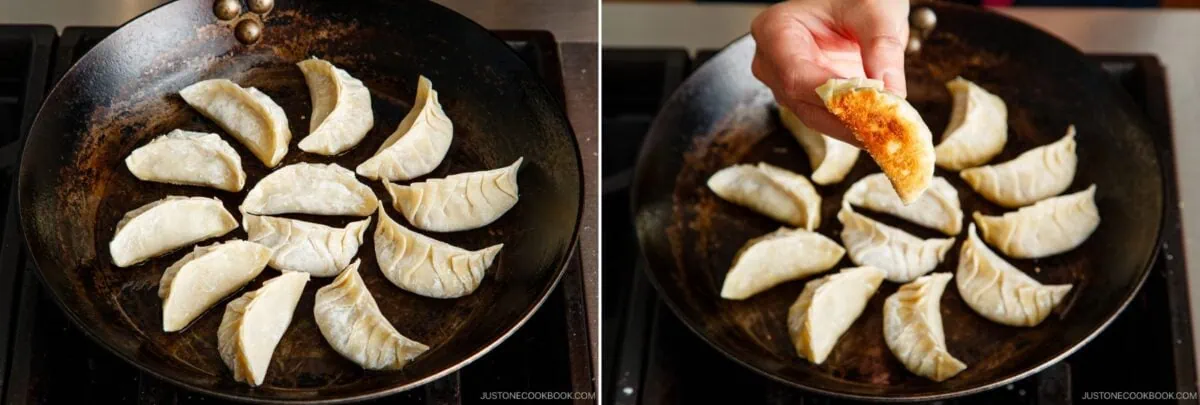 Left: A pan filled with uncooked dumplings arranged in a circle. Right: A hand holds up a crispy, golden-brown dumpling above the pan&mdash;perfect results from this tasty gyoza recipe.