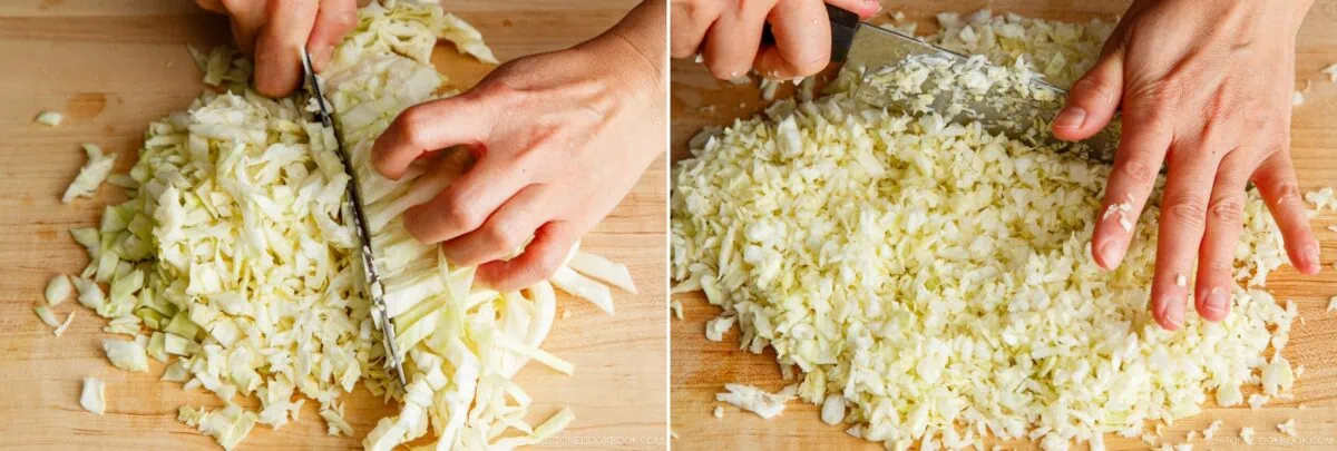Two images side by side show hands finely chopping cabbage on a wooden cutting board&mdash;a key step in any Gyoza recipe. The left shows slicing into strips, while the right features dicing the cabbage into smaller pieces.