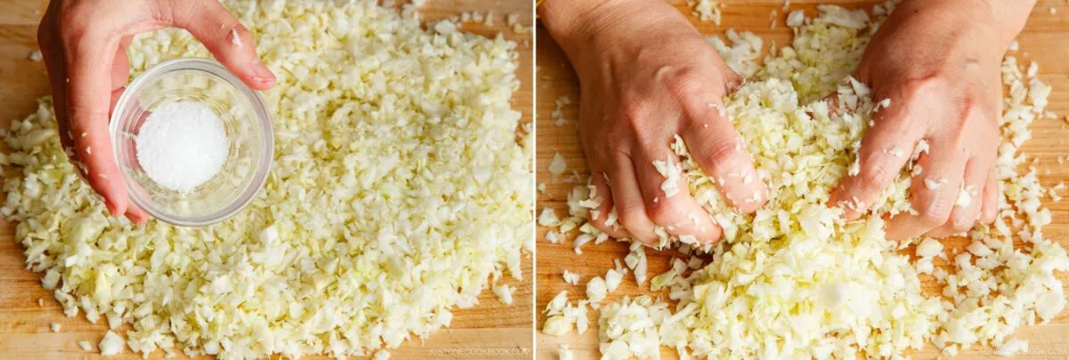 Two side-by-side images: on the left, a hand holds a small bowl of salt over a pile of chopped cabbage; on the right, hands mix the salt into cabbage&mdash;an essential step in prepping vegetables for any tasty Gyoza Recipe.