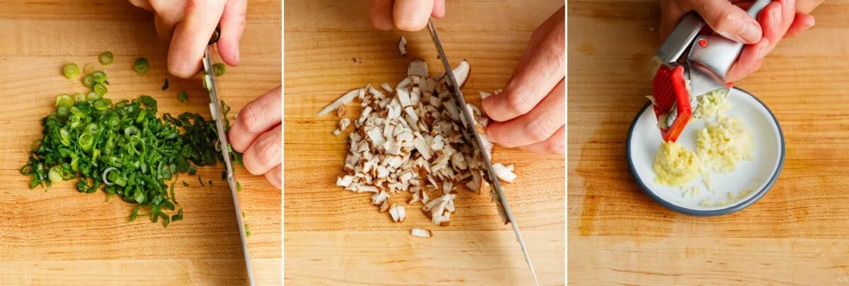 Three images show hands preparing ingredients for a Gyoza recipe: chopping green onions, dicing mushrooms, and pressing garlic into a small dish, all on a wooden cutting board.