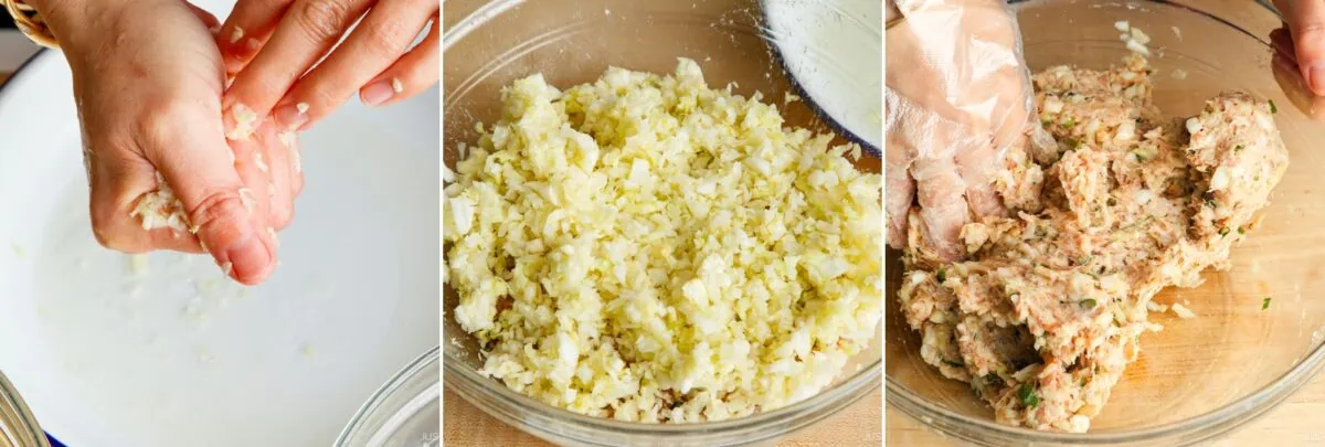 Three images show: hands squeezing liquid from grated potatoes, a bowl of drained potatoes, and a bowl of mixed potato, herbs, and other ingredients&mdash;just like prepping fillings for a Gyoza recipe&mdash;being combined by hand.