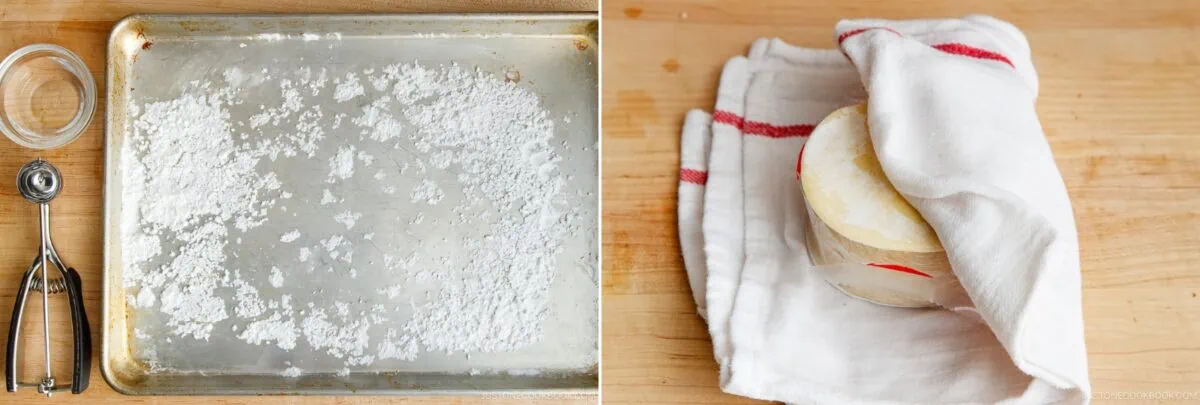 A metal baking sheet dusted with flour, a scooper, a glass bowl, and a kitchen towel on a wooden surface; next to stacked dough rounds covered with a white cloth and red-striped towel&mdash;perfect prep for your favorite Gyoza Recipe.