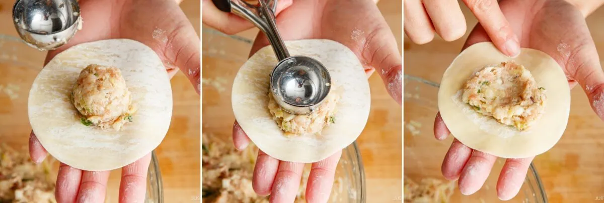 Three-panel image showing hands placing a scoop of dumpling filling onto a round wrapper using a small ice cream scoop, then pointing at the filling in the center&mdash;an essential step in any Gyoza Recipe.