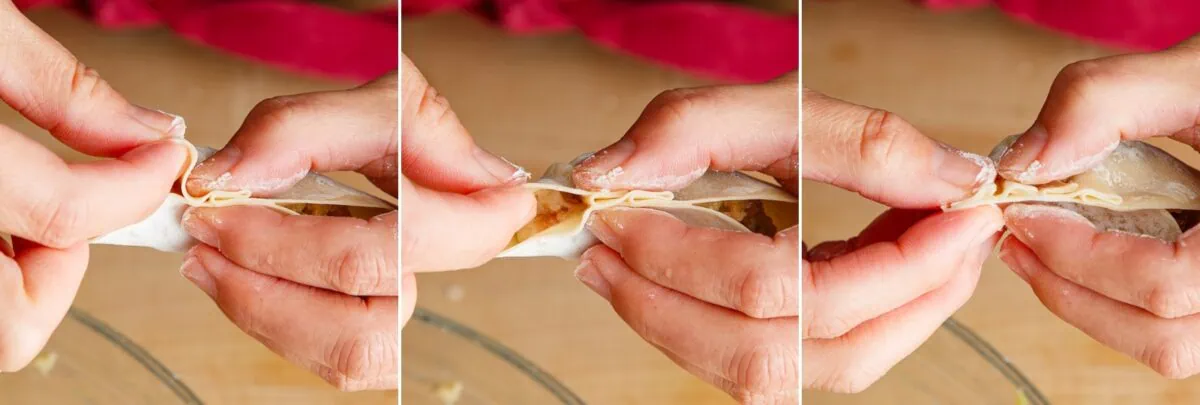 A close-up sequence showing hands folding and pinching the edges of a dumpling wrapper to seal it, capturing the delicate technique essential in any Gyoza Recipe, with a blurred background.