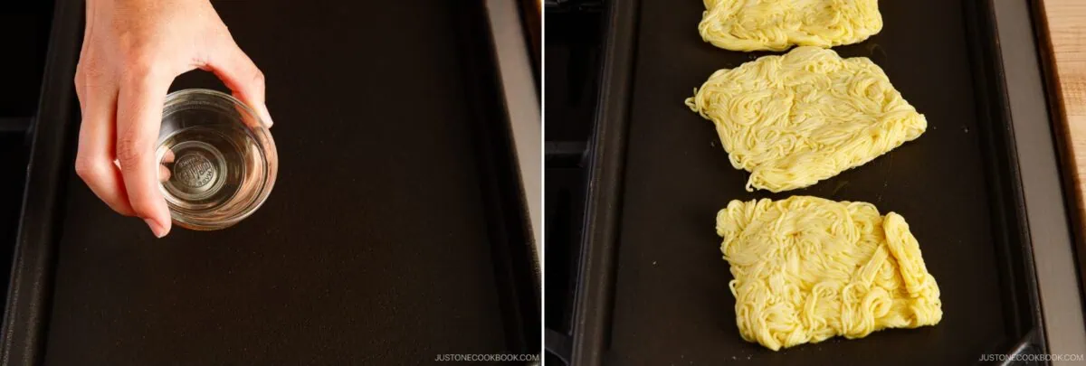 A hand pours oil from a small glass bowl onto a griddle in the left image; in the right image, three blocks of uncooked instant ramen noodles, perfect for yakisoba, are placed on the griddle.