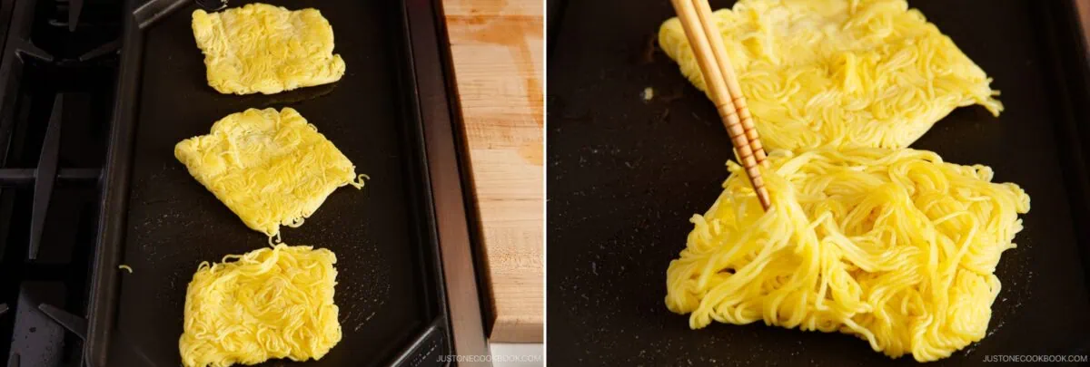Three squares of cooked yakisoba are frying on a griddle. In the second image, a hand uses chopsticks to lift and separate one of the noodle squares, revealing its texture and shape.