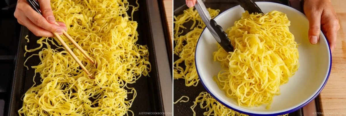 Two images side by side: left shows a hand using chopsticks to stir yakisoba, Japanese stir-fried noodles, on a griddle; right shows the noodles being transferred into a bowl with tongs.