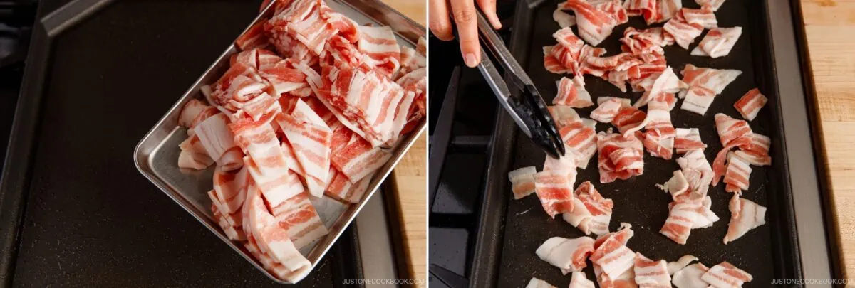 Sliced raw bacon is being poured onto a griddle, then spread out with tongs to cook. The uncooked bacon pieces are arranged in a single layer on the hot surface, ready to be paired with yakisoba for a delicious Japanese stir-fried noodles dish.
