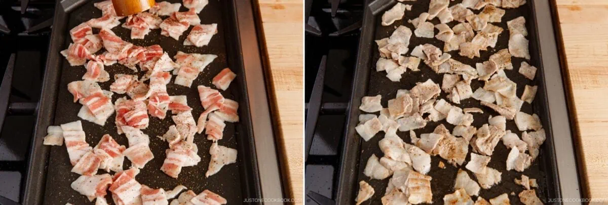 Side-by-side images show sliced raw pork belly being seasoned on a griddle (left) and the same pieces cooked and browned next to sizzling yakisoba (Japanese stir-fried noodles) on the right.