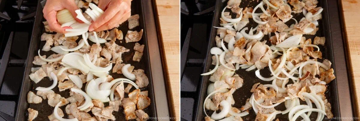 Two side-by-side photos show sliced onions being added to cooked pieces of pork on a flat griddle, with hands visible in the left image spreading the onions over the meat&mdash;key steps in preparing savory yakisoba, Japanese stir-fried noodles.