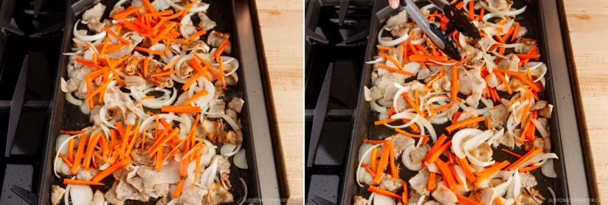 Sliced onions, carrots, and pieces of meat are being cooked on a stovetop griddle; a hand uses tongs to stir the ingredients, preparing for yakisoba (Japanese stir-fried noodles), on the right side of the image.