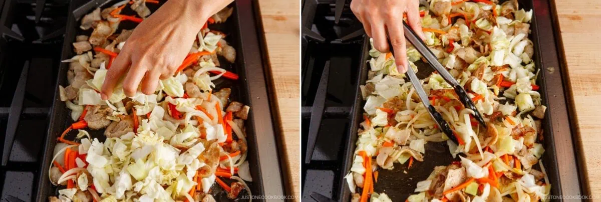 Two side-by-side images show hands adding and mixing chopped cabbage, carrots, onions, and pieces of meat on a flat stovetop griddle using tongs. The vegetables and meat are being cooked together for yakisoba (Japanese stir-fried noodles).