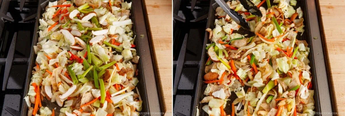 Two side-by-side images show a grill filled with a colorful stir-fry of chopped cabbage, carrots, green beans, onions, and pieces of meat&mdash;similar to yakisoba. Tongs are mixing the sizzling ingredients on the right.