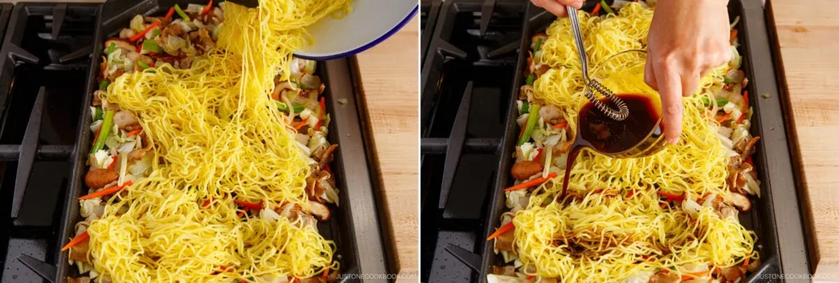 Two side-by-side images: On the left, cooked yakisoba noodles are being poured onto a grill with vegetables and meat. On the right, a hand pours sauce over the Japanese stir-fried noodles and mix using a small whisk.