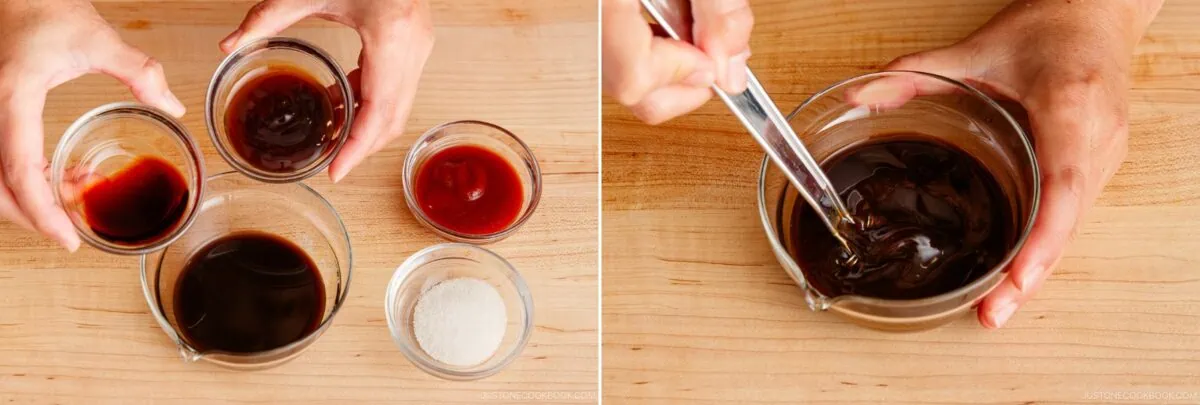 A person holds small bowls of sauces and sugar over a wooden surface, then mixes them together in a clear bowl with a fork to create a yakisoba (Japanese stir-fried noodles) sauce.
