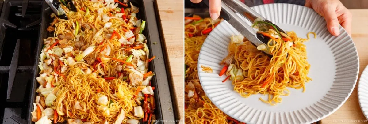 A stovetop skillet with cooked yakisoba (Japanese stir-fried noodles), vegetables, and meat on the left; on the right, hands use tongs to serve the flavorful noodle dish onto a white plate.