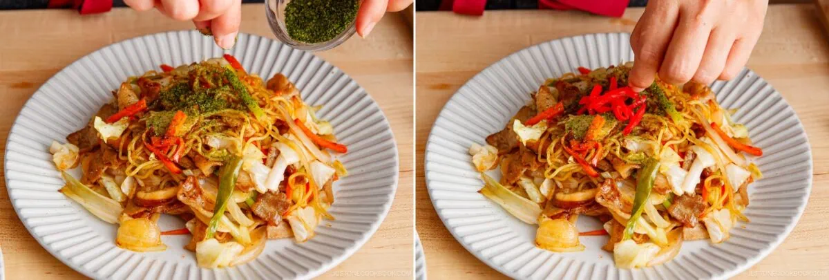 Two side-by-side images show hands garnishing yakisoba (Japanese stir-fried noodles) with green seaweed powder on the left and pickled red ginger strips on the right, served on a white plate atop a wooden surface.