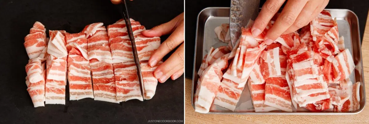 Close-up of hands slicing raw, marbled pork belly strips with a knife on a cutting board, then placing the cut pieces onto a metal tray&mdash;perfect for adding rich flavor to yakisoba (Japanese stir-fried noodles).