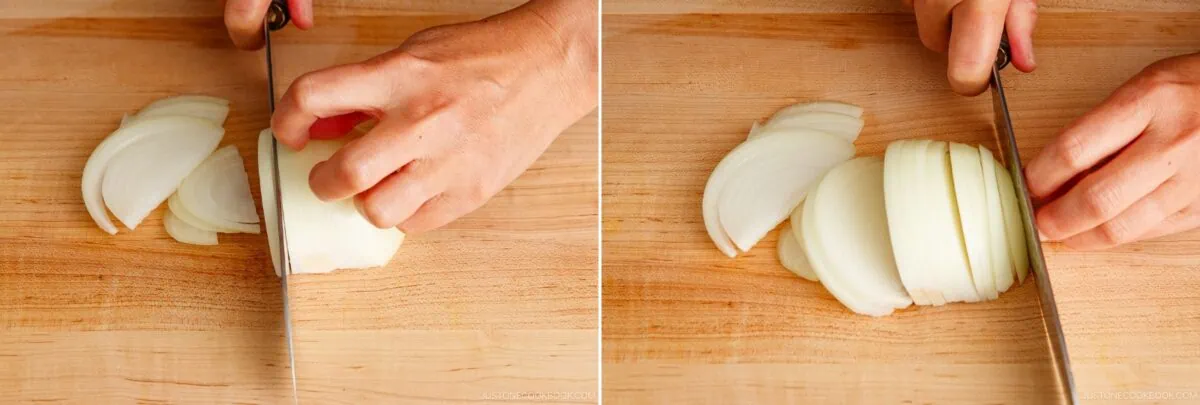 Two images side by side show hands slicing a white onion on a wooden cutting board with a knife, demonstrating how to cut even onion slices&mdash;perfect for adding to yakisoba (Japanese stir-fried noodles).