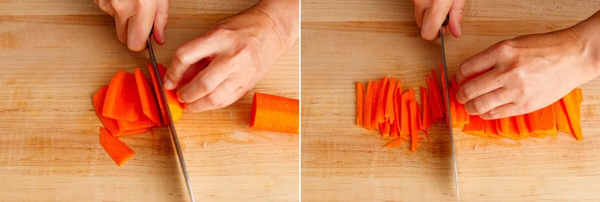 Two images side by side show hands slicing a carrot into thin sticks for yakisoba on a wooden cutting board with a sharp knife. The left image features wider slices, while the right shows finer, matchstick-sized pieces perfect for Japanese stir-fried noodles.