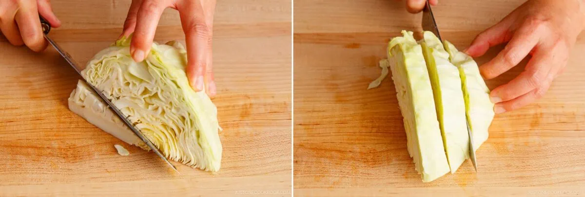 Two images show hands using a knife to slice cabbage on a wooden cutting board&mdash;prepping fresh cabbage for yakisoba. In the left image, the cabbage is cut vertically; in the right, it&rsquo;s sliced into thin strips.