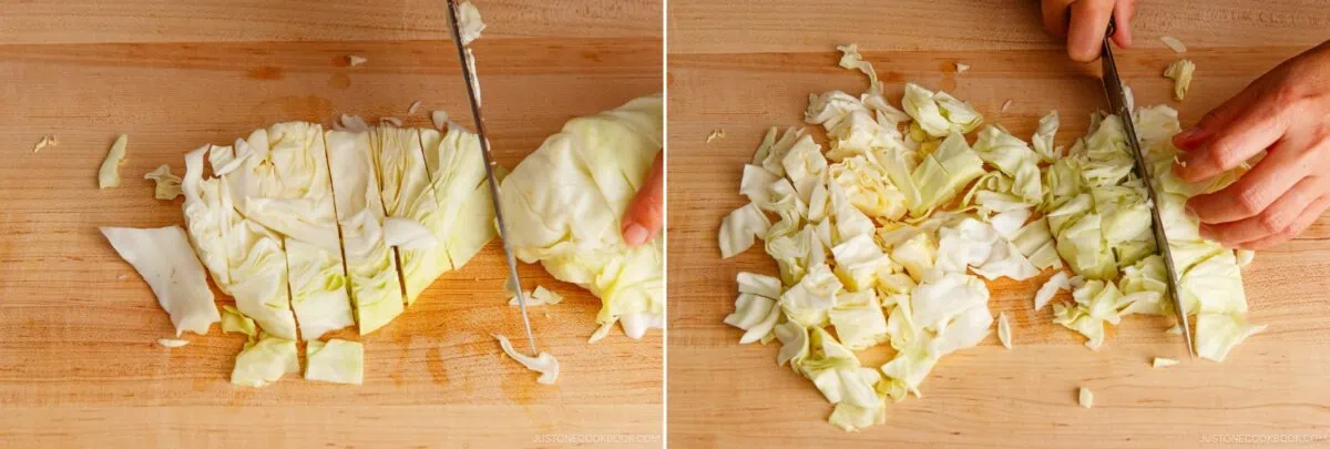 Two side-by-side images show hands chopping a head of cabbage on a wooden cutting board&mdash;one with large slices, the other with finely diced pieces&mdash;perfect prep for yakisoba, the classic Japanese stir-fried noodles dish.