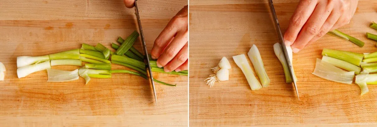 Two side-by-side images show hands slicing green onions for yakisoba on a wooden cutting board; the left image features both green and white parts being cut, while the right focuses on slicing the white bulb end.