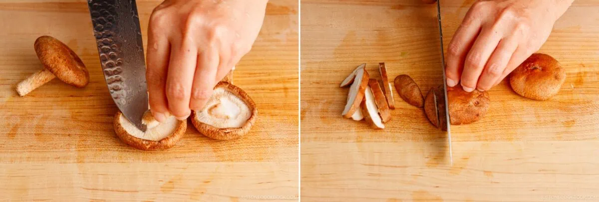 Two images side by side show hands slicing brown mushrooms on a wooden cutting board with a large kitchen knife&mdash;ideal prep for yakisoba, the classic Japanese stir-fried noodles. Left: slicing a mushroom cap; right: cutting mushrooms into thin strips.
